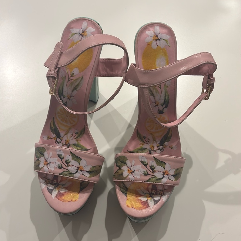 cute pink, teal, and yellow  platform heels with cute design